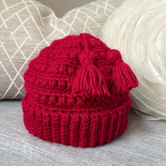 Handmade Accessories - Melt the Ice Tassels Beanie Hat Bright Red Yarn Handmade Crochet Adult Women’s